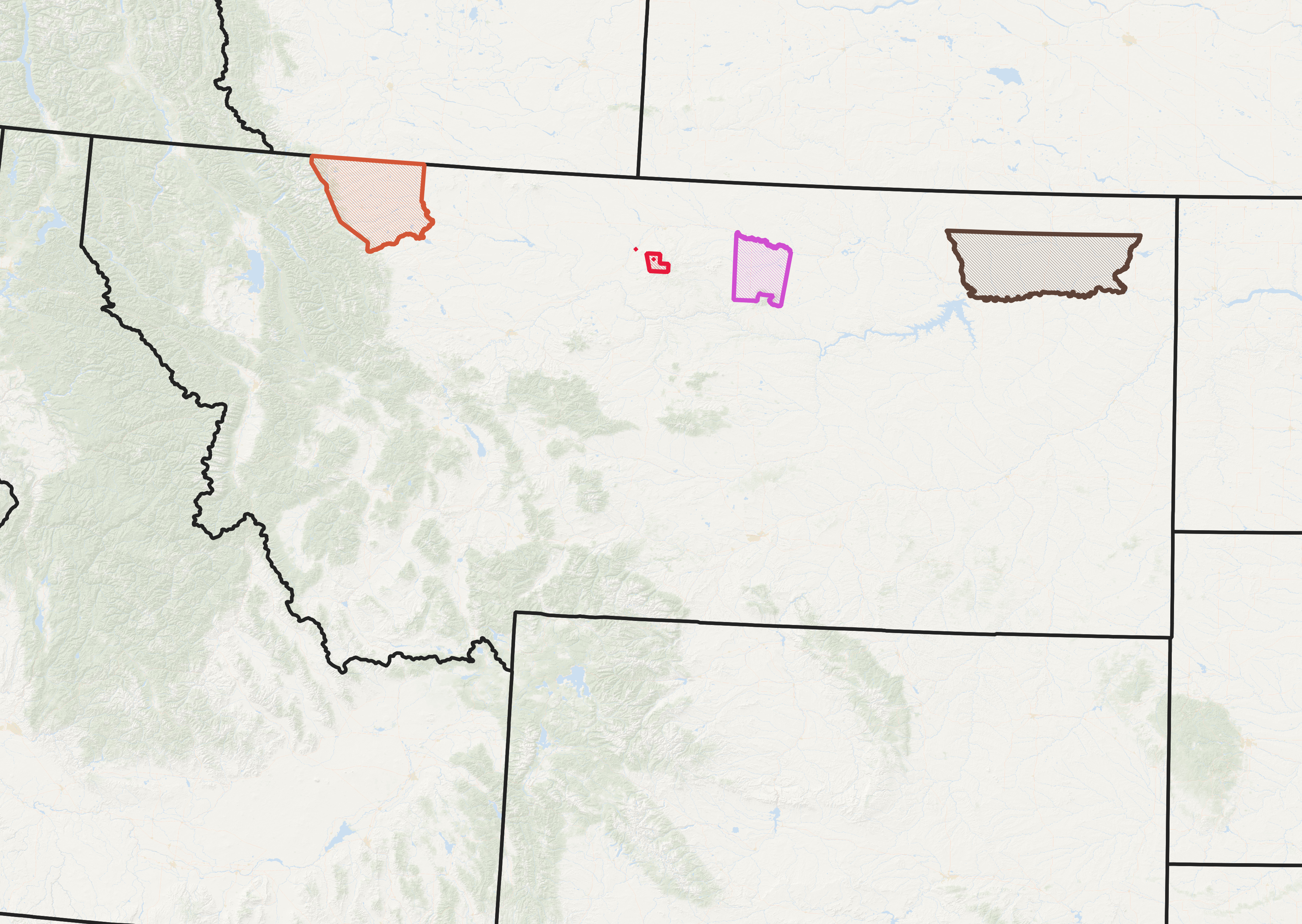 Image shows the locations of the Blackfeet (in orange), Rocky Boy's (red), Fort Belknap (purple), and Fort Peck (brown) Indian communities within Montana.