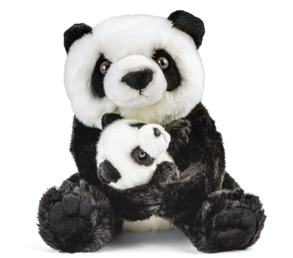 A plush of a panda holding a baby panda.