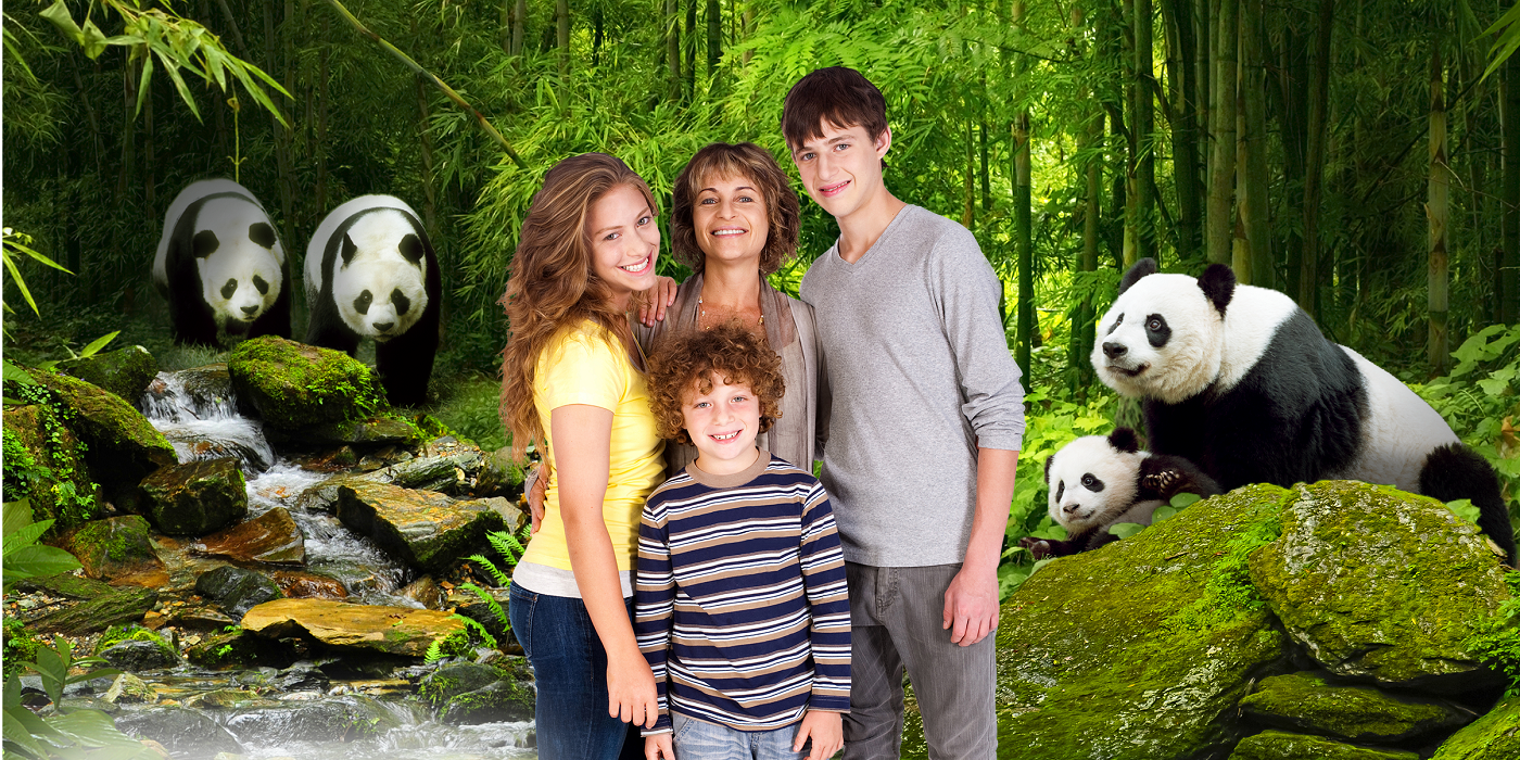 A family with one adult and three children pose in front of a green screen featuring the Smithsonian's National Zoo's pandas in a forested habitat with bamboo, a small stream and mossy rocks