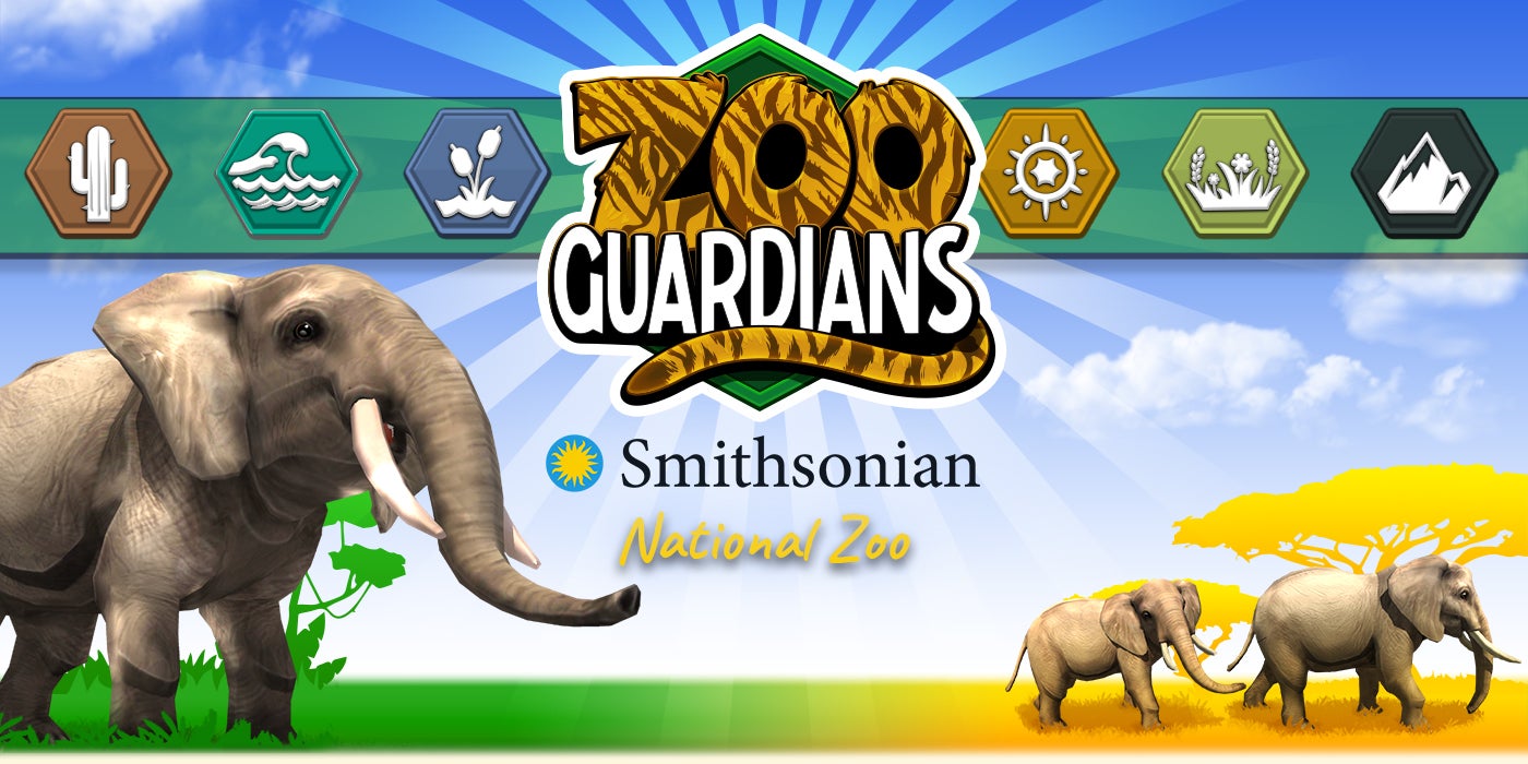 Zoo Guardians mobile game logo is in the center with an African forest elephant to the left and two, smaller, African savanna elephant walking off to the right