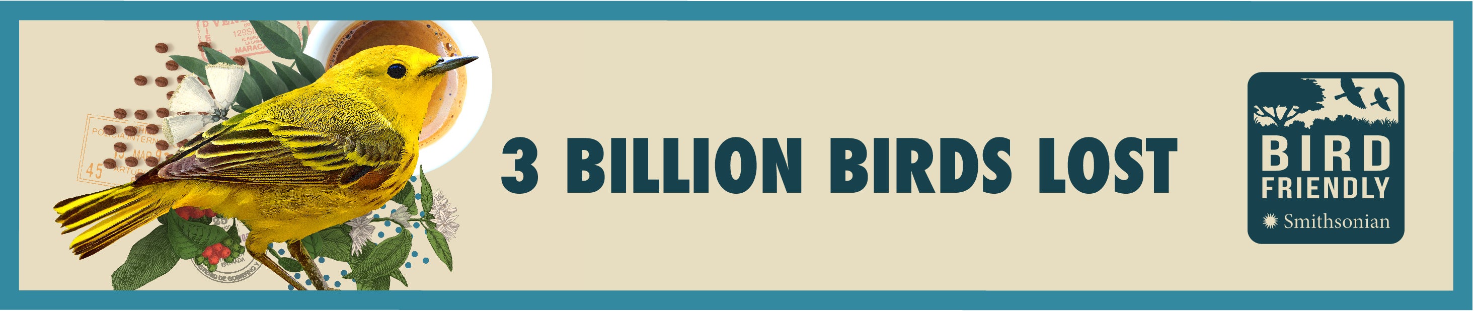 A banner with the text "3 billion birds lost" and the Smithsonian Bird Friendly logo on the right, and a yellow bird, plant trimmings, postage stamps and a cup of coffee on the left