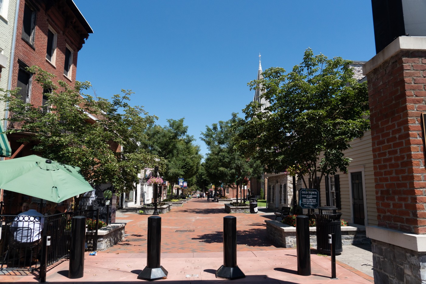 A pedestrian street with a brick walkway and shops and trees lining both sides of the path