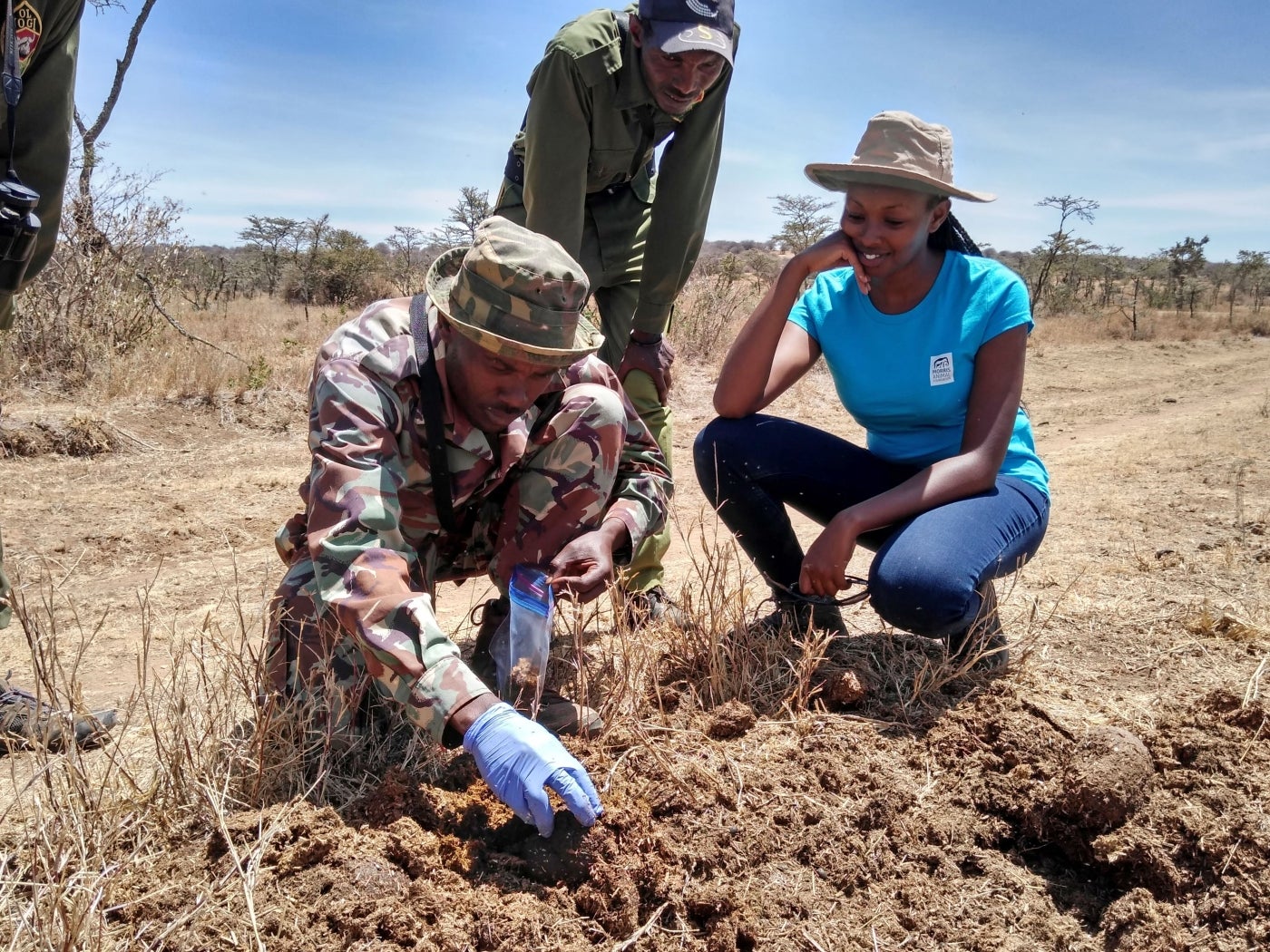 Global Health Program veterinary research fellow Dr. Maureen Wanjiku Kamau and two rangers collect a sample of rhino dung at Ol Jogi Wildlife Conservancy in Kenya