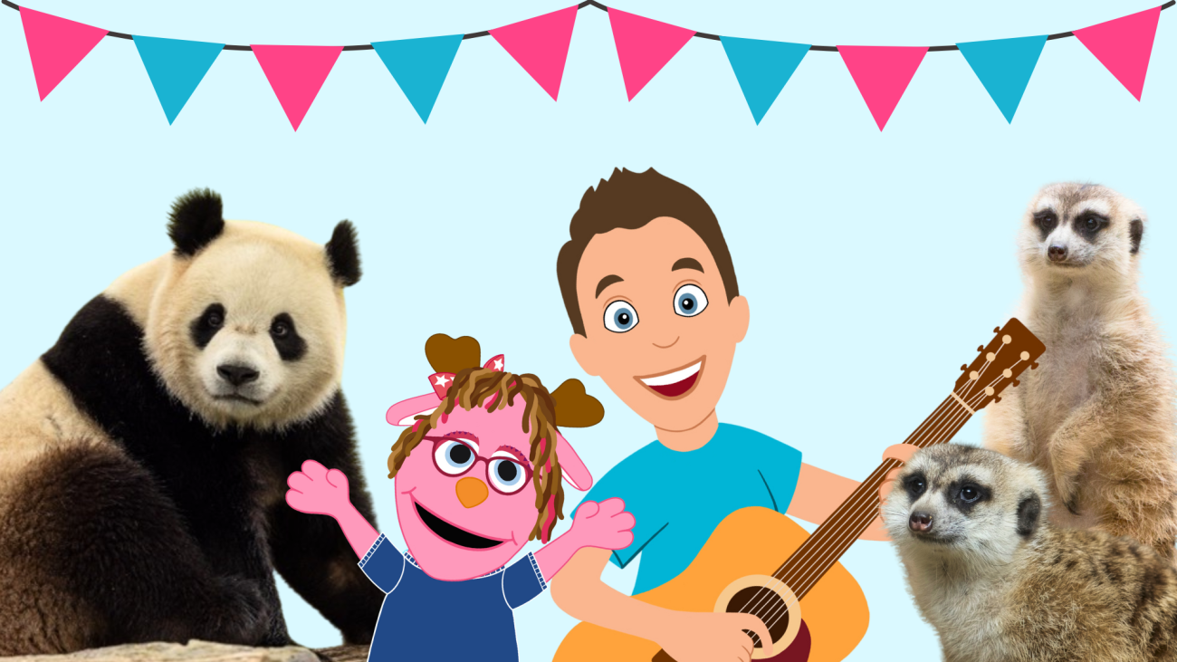 An illustration of a pink jackalope puppet next to a man playing a guitar. On either side of them is a Giant panda and two meerkats.