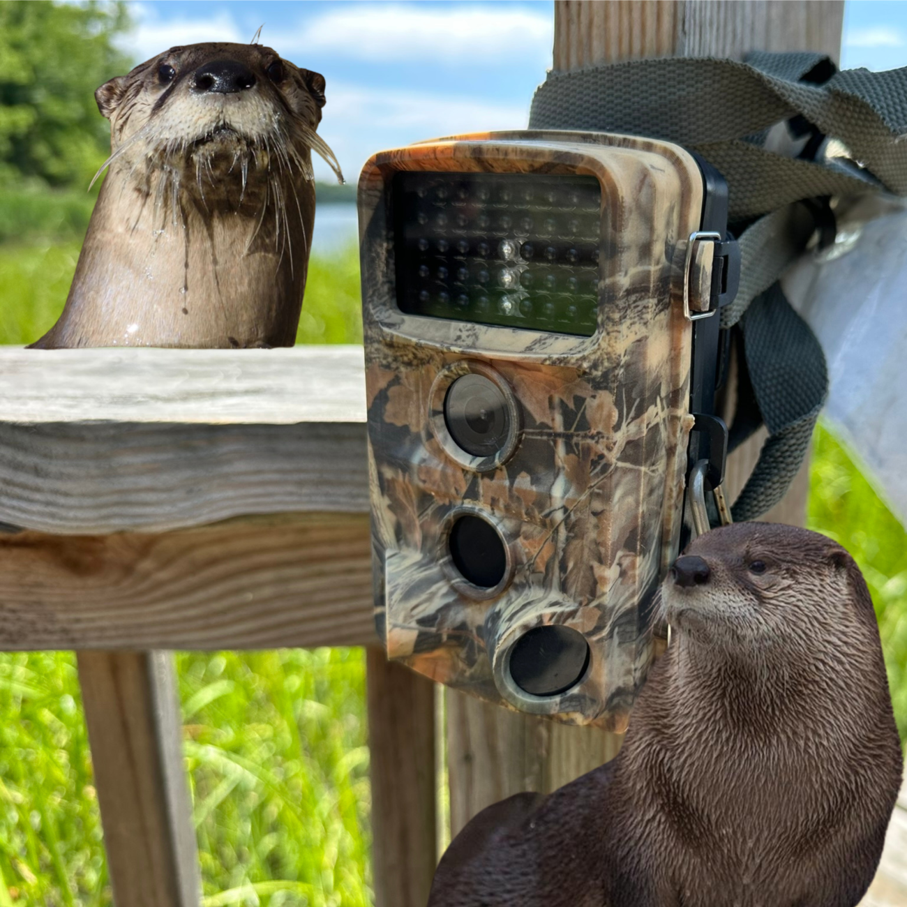 A picture of a trail camera on a wooden post in front of a grassy background. There is a river otter peeking up in the top left of the photo and one hanging out on the lower right. 