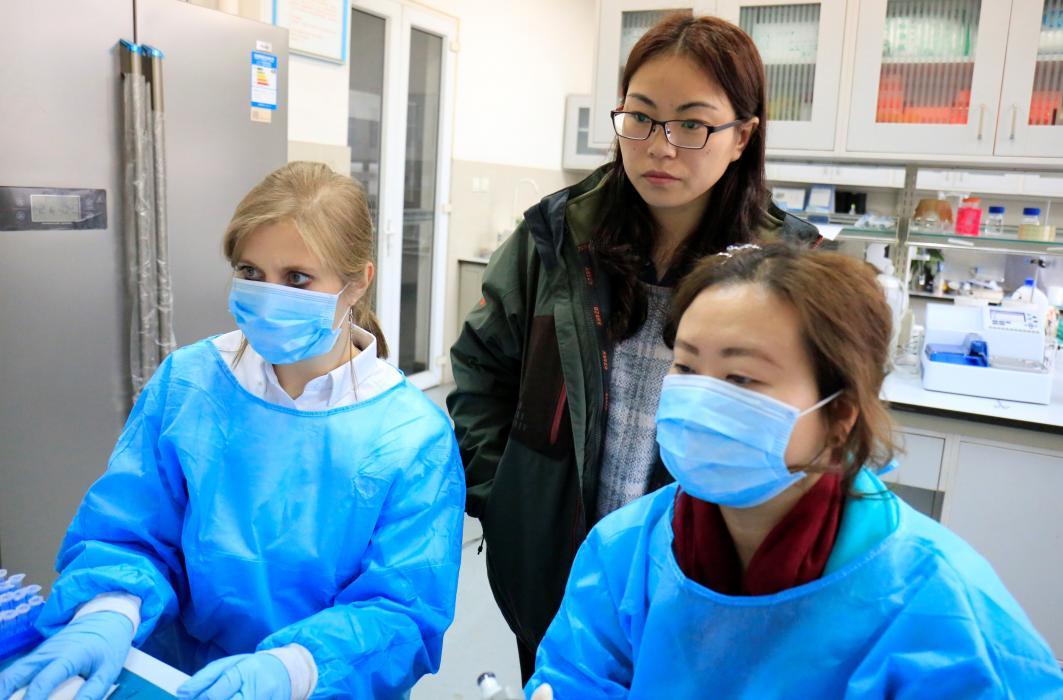 Three researchers, two wearing masks, gloves and scrubs, examine data on a computer