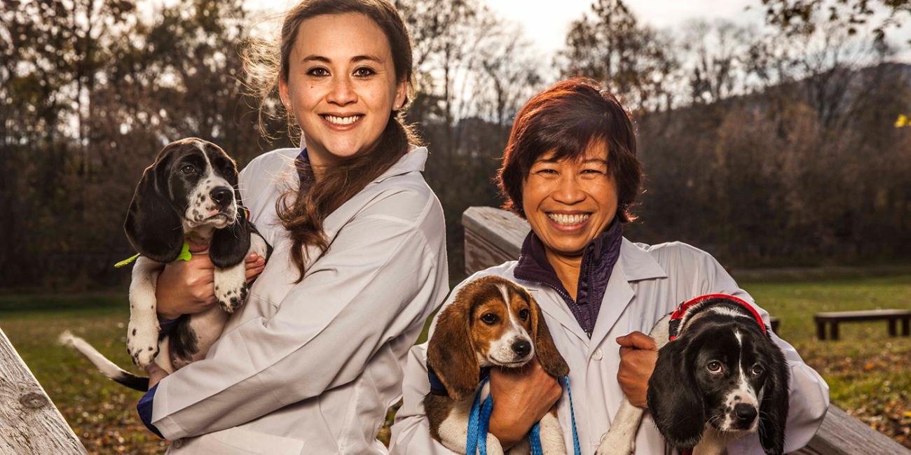 scientists holding first litter of IVF puppies