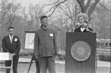 First Lady Patricia Nixon at the Zoo on April 20, 1972, for the official welcome ceremony for giant pandas Ling-Ling and Hsing-Hsing, a gift from China to the American people. The panda pair first arrived at the Zoo on Sunday, April 16, 1972. Photo courtesy of the Richard Nixon Presidential Library First Lady Patricia Nixon speaks at a podium at the Zoo April 20, 1972, for the official welcome ceremony for giant pandas Ling Ling and Hsing Hsing