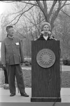 First Lady Patricia Nixon at the Zoo on April 20, 1972, for the official welcome ceremony for giant pandas Ling-Ling and Hsing-Hsing, a gift from China to the American people. The panda pair first arrived at the Zoo on Sunday, April 16, 1972. Photo courtesy of the Richard Nixon Presidential Library First Lady Patricia Nixon speaks at a podium at the Zoo April 20, 1972, for the official welcome ceremony for giant pandas Ling Ling and Hsing Hsing