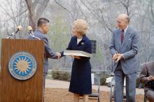 First Lady Patricia Nixon at the Zoo on April 20, 1972, for the official welcome ceremony for giant pandas Ling-Ling and Hsing-Hsing, a gift from China to the American people. The panda pair first arrived at the Zoo on Sunday, April 16, 1972. Photo courtesy of the Richard Nixon Presidential Library First Lady Patricia Nixon receives a gift at the Zoo April 20, 1972, for the official welcome ceremony for giant pandas Ling Ling and Hsing Hsing