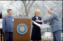 First Lady Patricia Nixon at the Zoo on April 20, 1972, for the official welcome ceremony for giant pandas Ling-Ling and Hsing-Hsing, a gift from China to the American people. The panda pair first arrived at the Zoo on Sunday, April 16, 1972. Photo courtesy of the Richard Nixon Presidential Library First Lady Patricia Nixon receives a gift of a photo of giant pandas at the Zoo April 20, 1972, for the official welcome ceremony for giant pandas Ling Ling and Hsing Hsing
