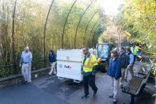 Zoo staff and keepers escort giant panda Bei Bei in the crate that he will fly to China in. Smithsonian staff and keepers escort giant panda Bei Bei's crate as he is brought out of his enclosure at the Smithsonian's National Zoo.