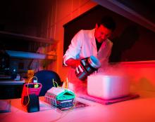 Scientist cryopreserving coral larvae.