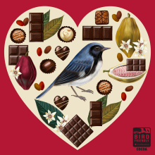 Be a tweetheart. Eat Bird Friendly chocolate and help save birds. The bird in this Valentine is the black-throated blue warbler. Colorful heart-shaped Valentine's Day graphic featuring bright blue bird, cacao pods and seeds, chocolates and leaves.