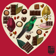 How tweet it is. Treat yourself and the planet by choosing Bird Friendly chocolate made with 100% Bird Friendly cocoa. This Valentine features the Hispaniolan emerald. Heart-shaped graphic with bright green Hispaniolan emerald bird with cacao pods and seeds and chocolates.