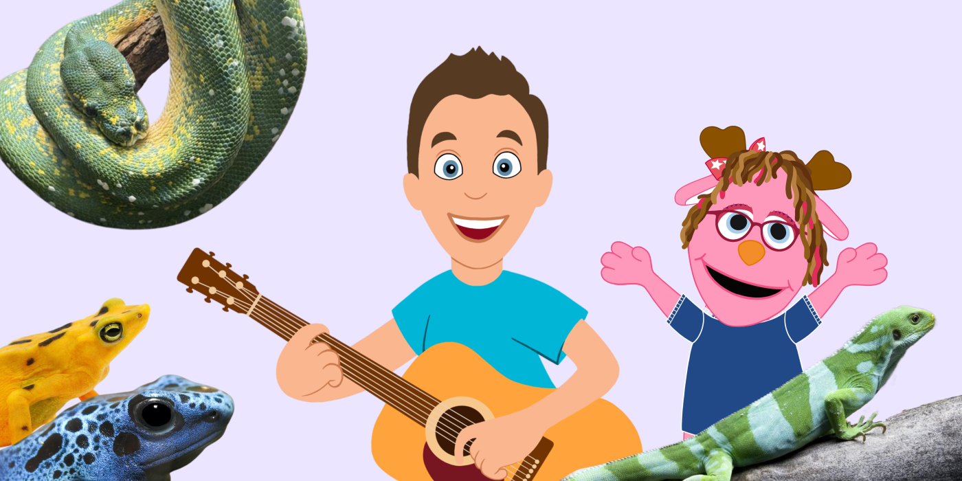 Two artistic characters stand next to each other. The first is a man wearing a bright blue shirt and holding a guitar. The second is a pink jackalope puppet with a dark blue shirt and dark pink glasses. They are surrounded by four animal cutouts including a green python, a yellow frog, a blue frog, and a green and white striped iguana.